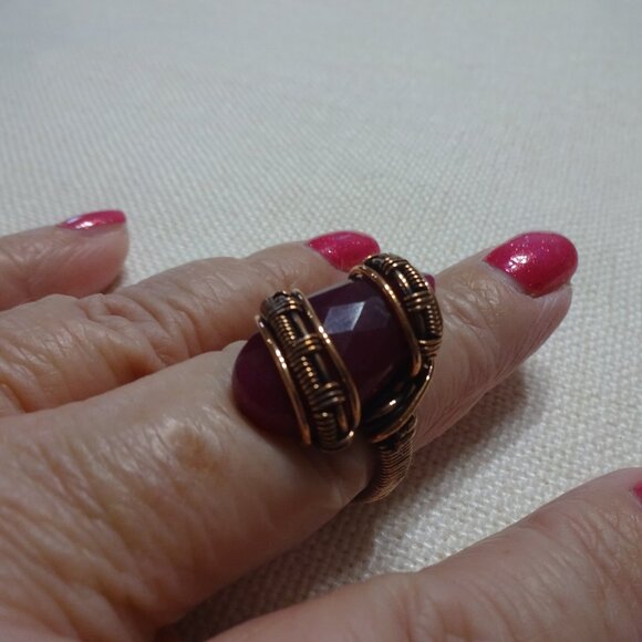 Rustic "RUBY QUARTZ FACETED" Handmade COPPER WIRE-WRAPPED Ring Size 9 #760B - Picture 1 of 4